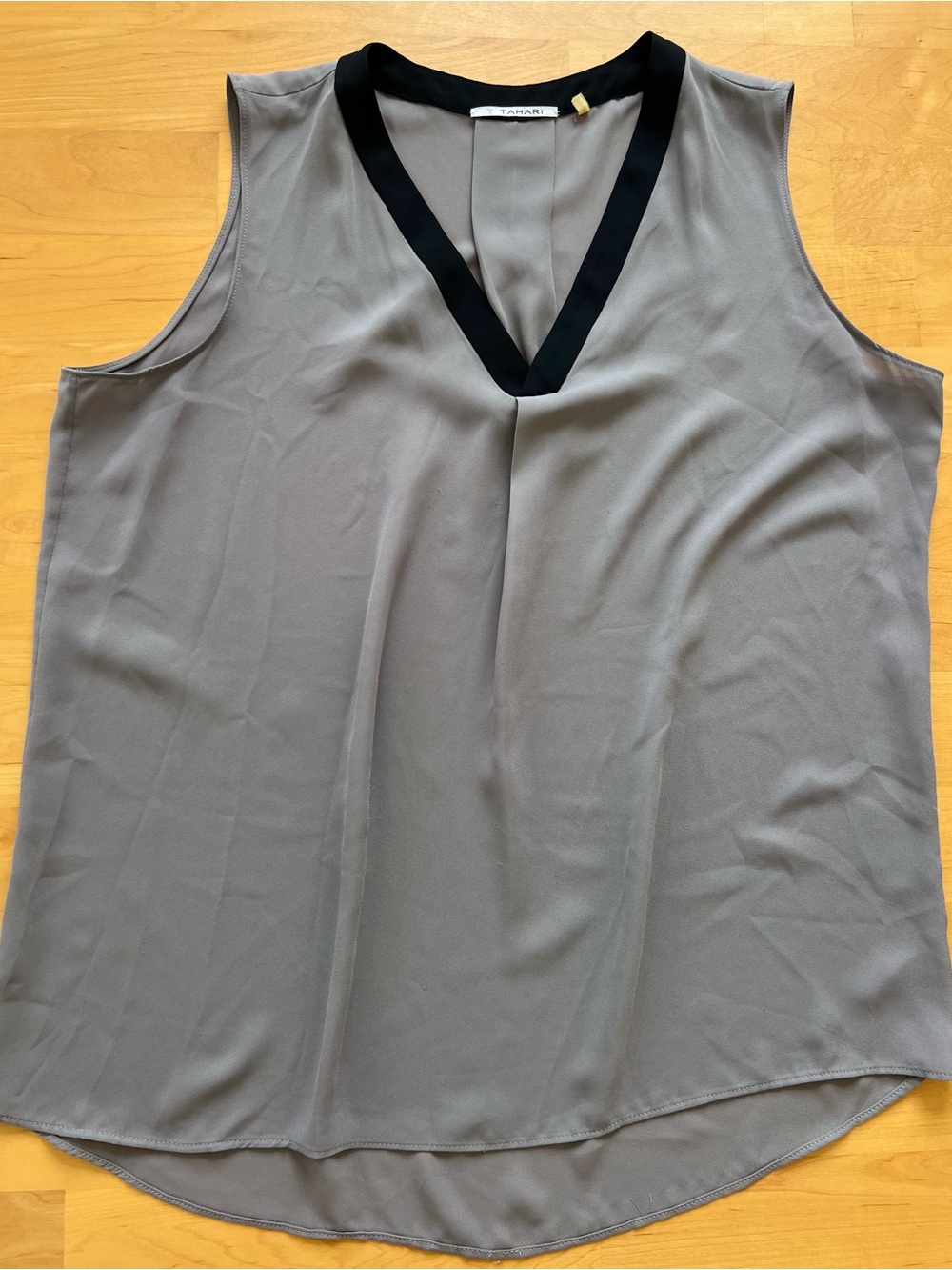T Tahari Taupe Sleeveless V-Neck Shell with Black Trim